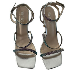Rouge Helium Shoes Womens Size 8.5 Silver Strappy Rhinestone Heels Evening Party